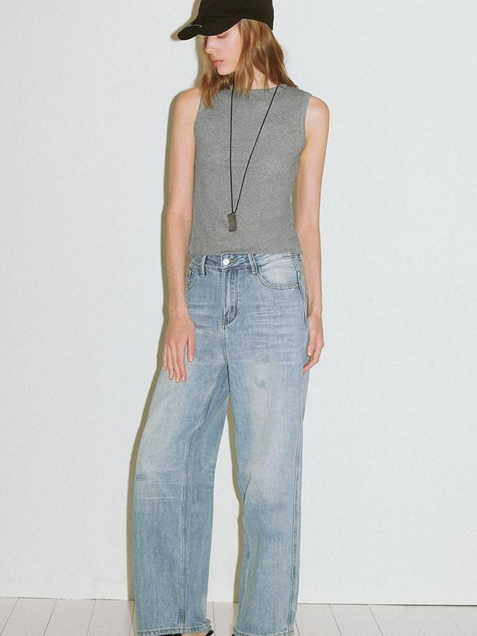 fano High Waist Cotton Floral Blue Zip Fly Loose Fit Women Straight Leg Jeans