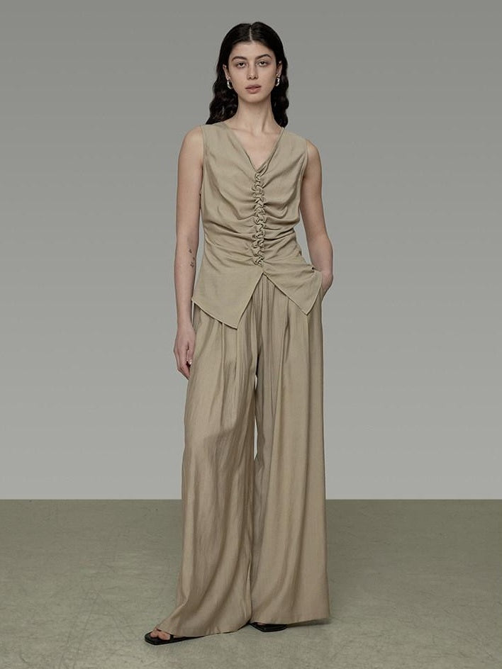 unspoken High Waist Pleated Elastic Workwear Khaki Viscose Wide Leg Pants