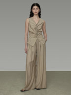 unspoken High Waist Pleated Elastic Workwear Khaki Viscose Wide Leg Pants