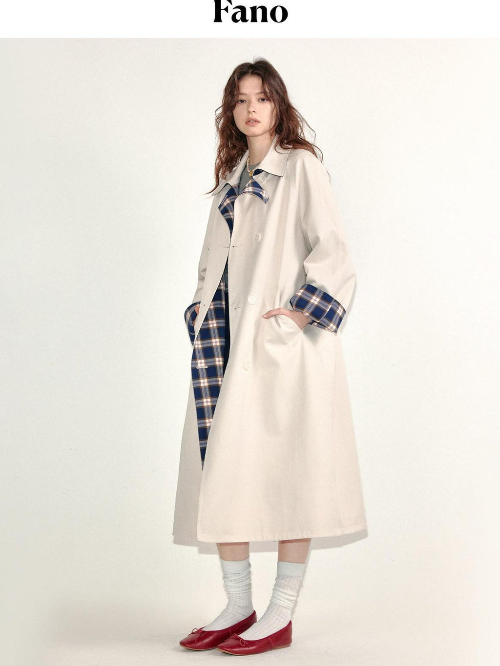 fano Loose Fit Korean Casual Long Beige Plaid Single Breasted Trench Coats