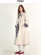 fano Loose Fit Korean Casual Long Beige Plaid Single Breasted Trench Coats