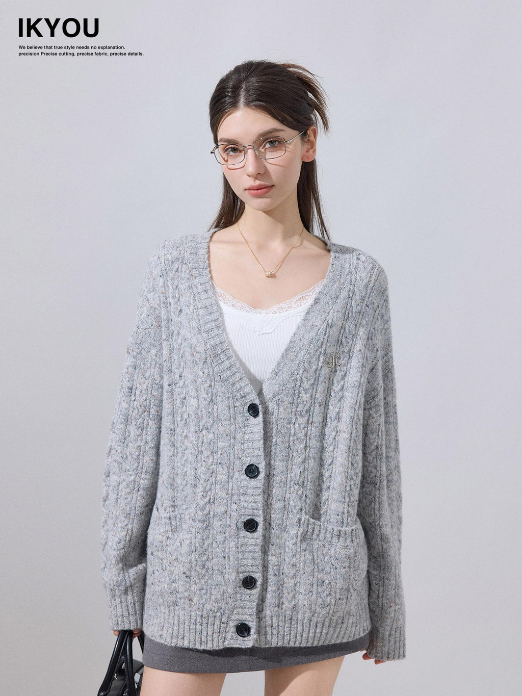 ikyou Soft Breathable Slouchy Loose V-neck Long Sleeve Gray Knit Casual Women Cardigans