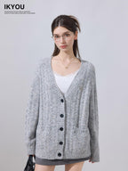 ikyou Soft Breathable Slouchy Loose V-neck Long Sleeve Gray Knit Casual Women Cardigans