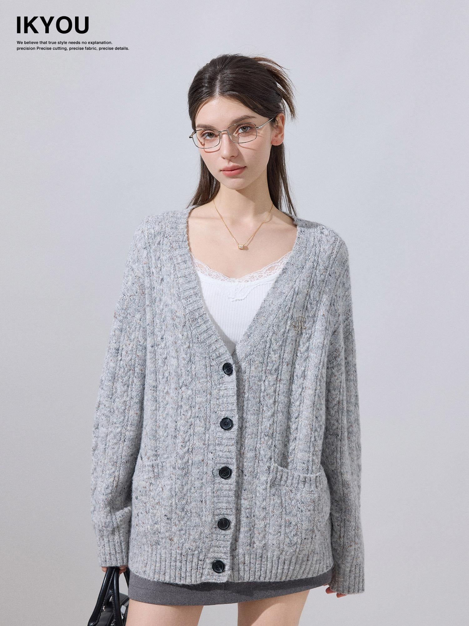 ikyou Soft Breathable Slouchy Loose V-neck Long Sleeve Gray Knit Casual Women Cardigans