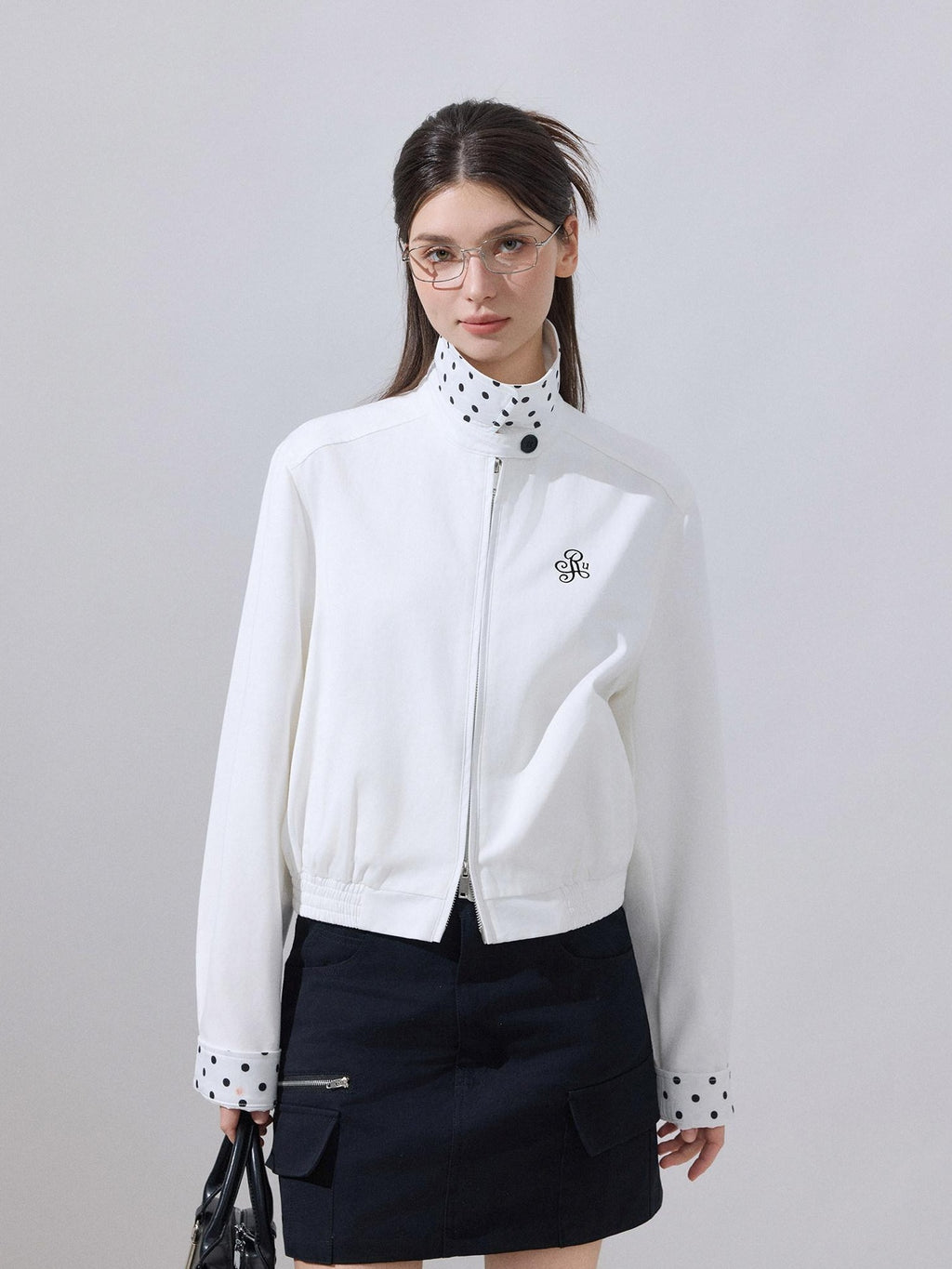 ikyou Ultra Light Lyocell Cotton Casual Stand Collar Short Zip White Cropped Jackets