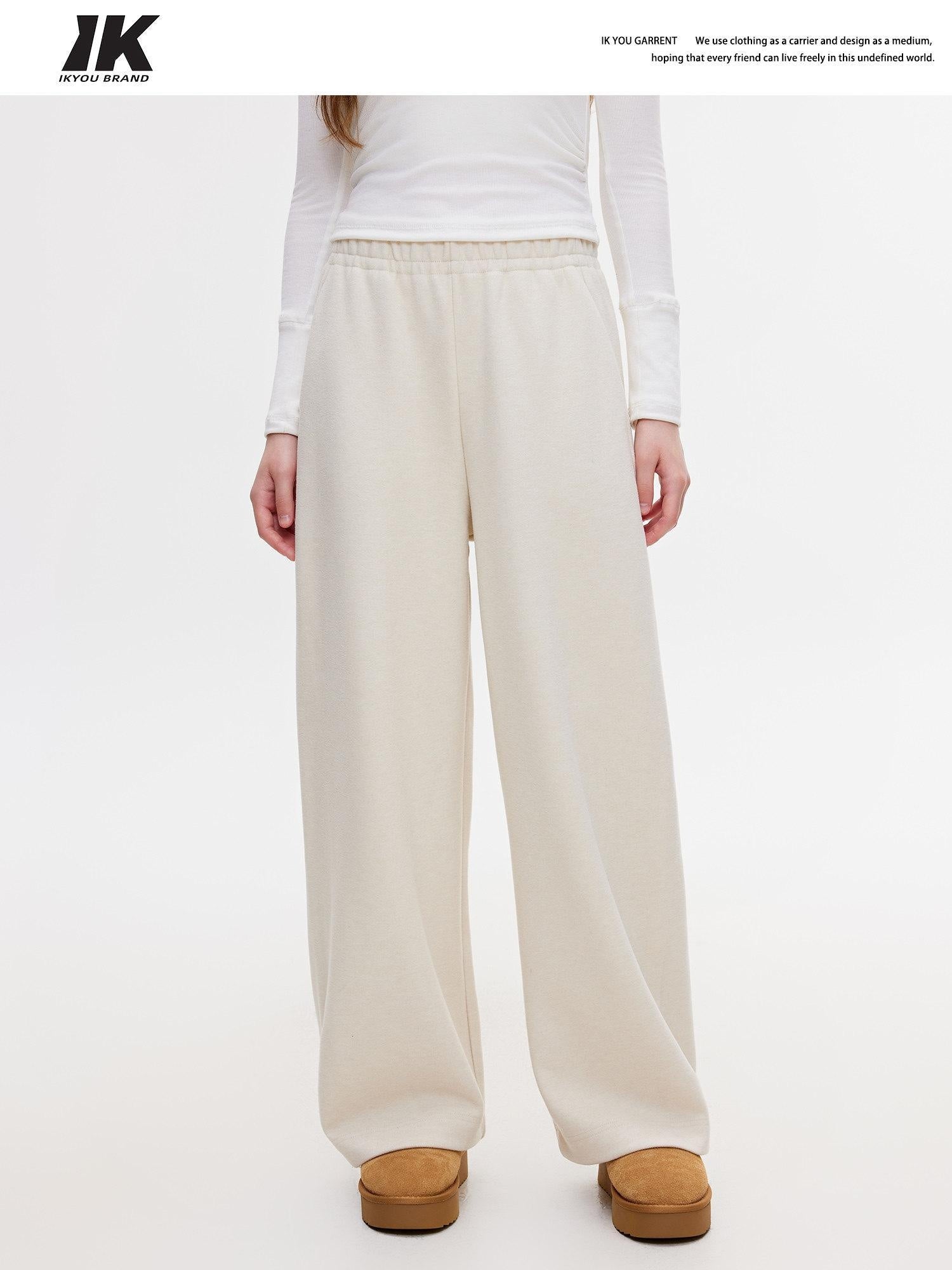 ikyou Wrinkle Resistant Asymmetric High Waist Loose Straight Commuter Beige Sweatpants