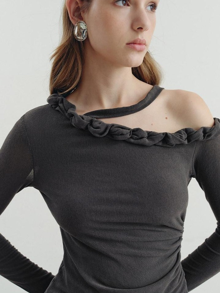 someonesometimes Lyocell Linen Blend Asymmetric Neckline Slim Fit Women Long Sleeve T-Shirts