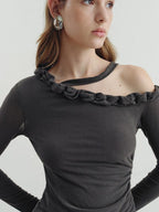 someonesometimes Lyocell Linen Blend Asymmetric Neckline Slim Fit Women Long Sleeve T-Shirts