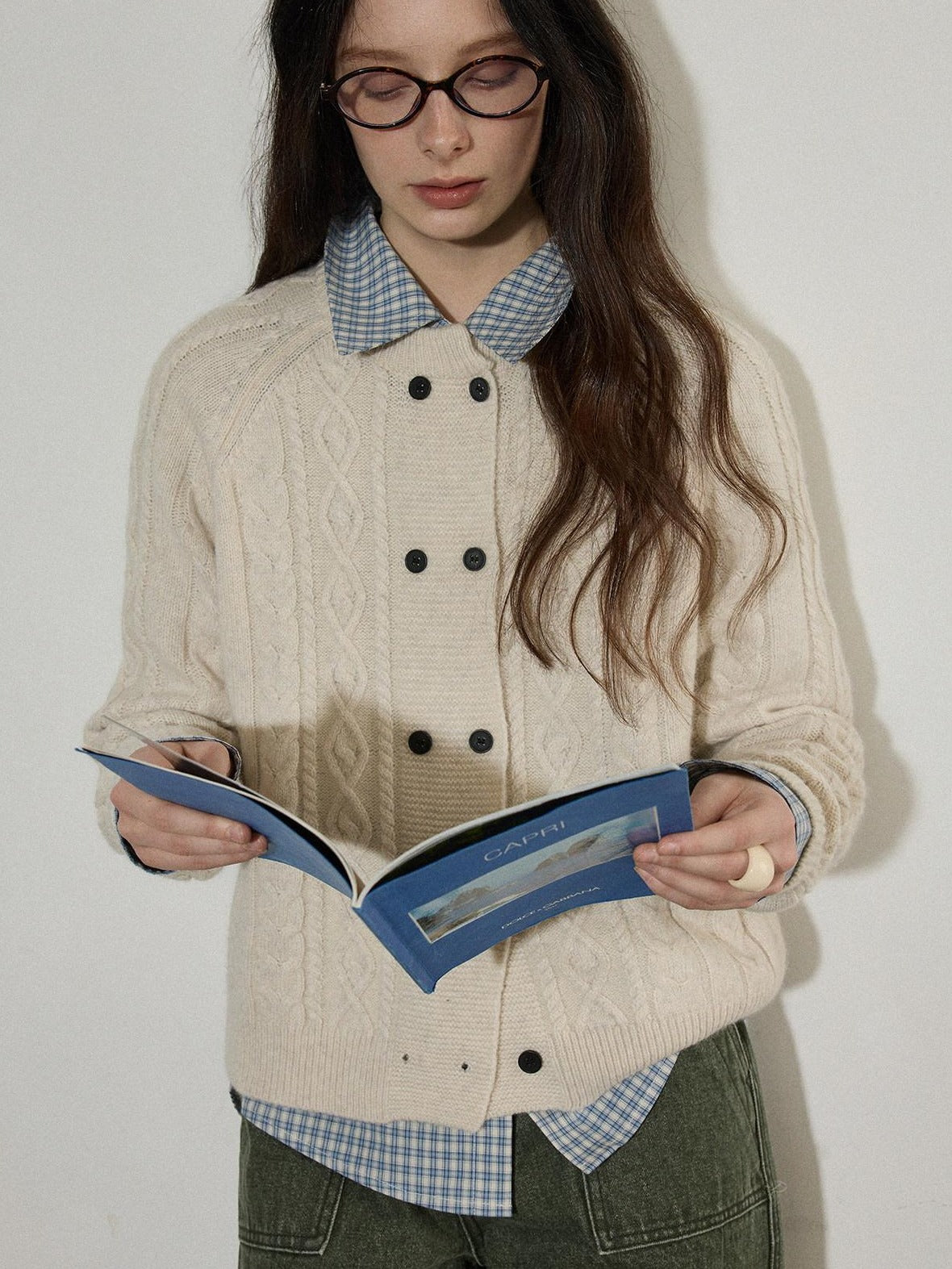 Lofi choose Soft Wool Blend Loose Fit Commuter Open Front Double Button Knit Women Cardigans