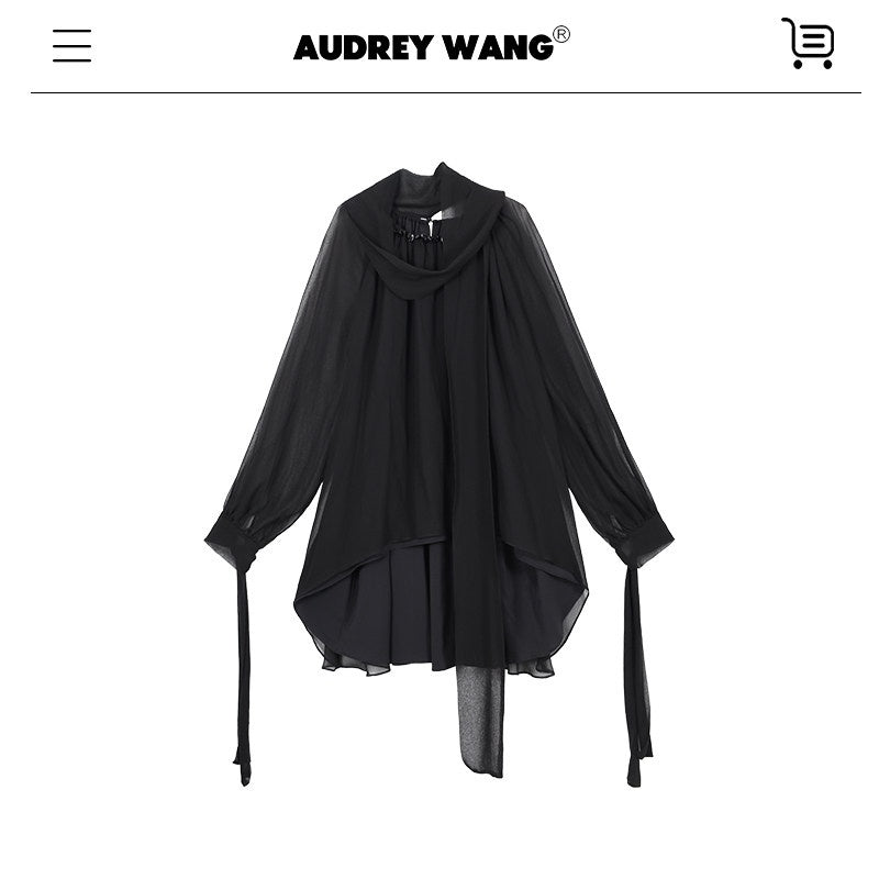 audreyyang_Beaded_Silk_Elegant_Loose_Lantern_Sleeve_Tie_Neck_Black_Midi_Dresses_MISSTT