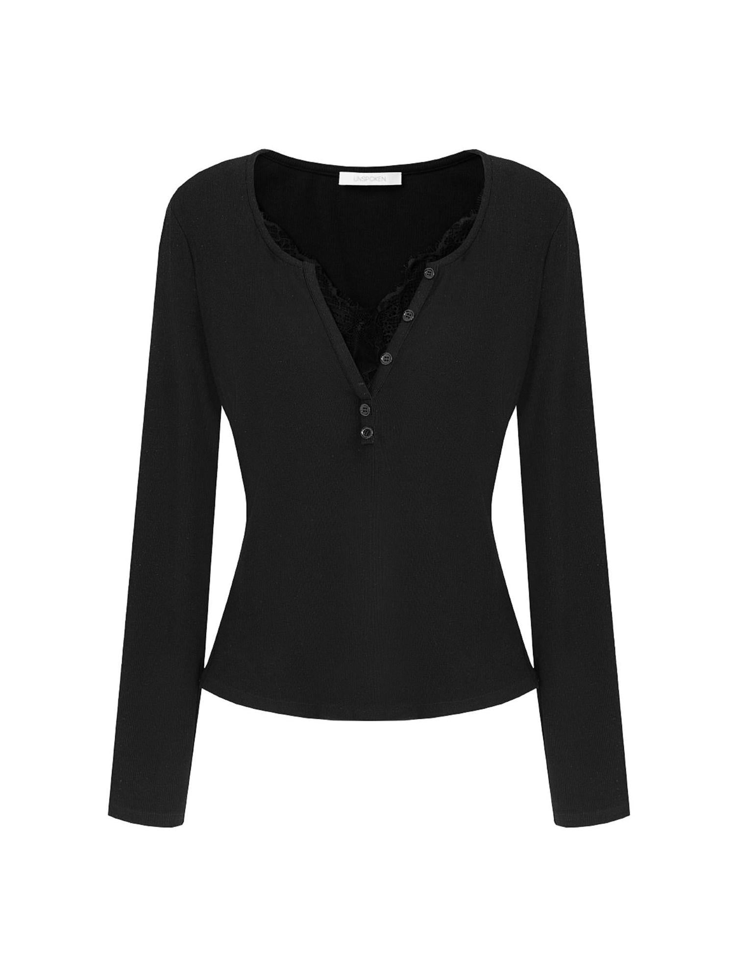unspoken Viscose Knit Casual Slim Lace Trim Women V-neck Long Sleeve Black Blouses