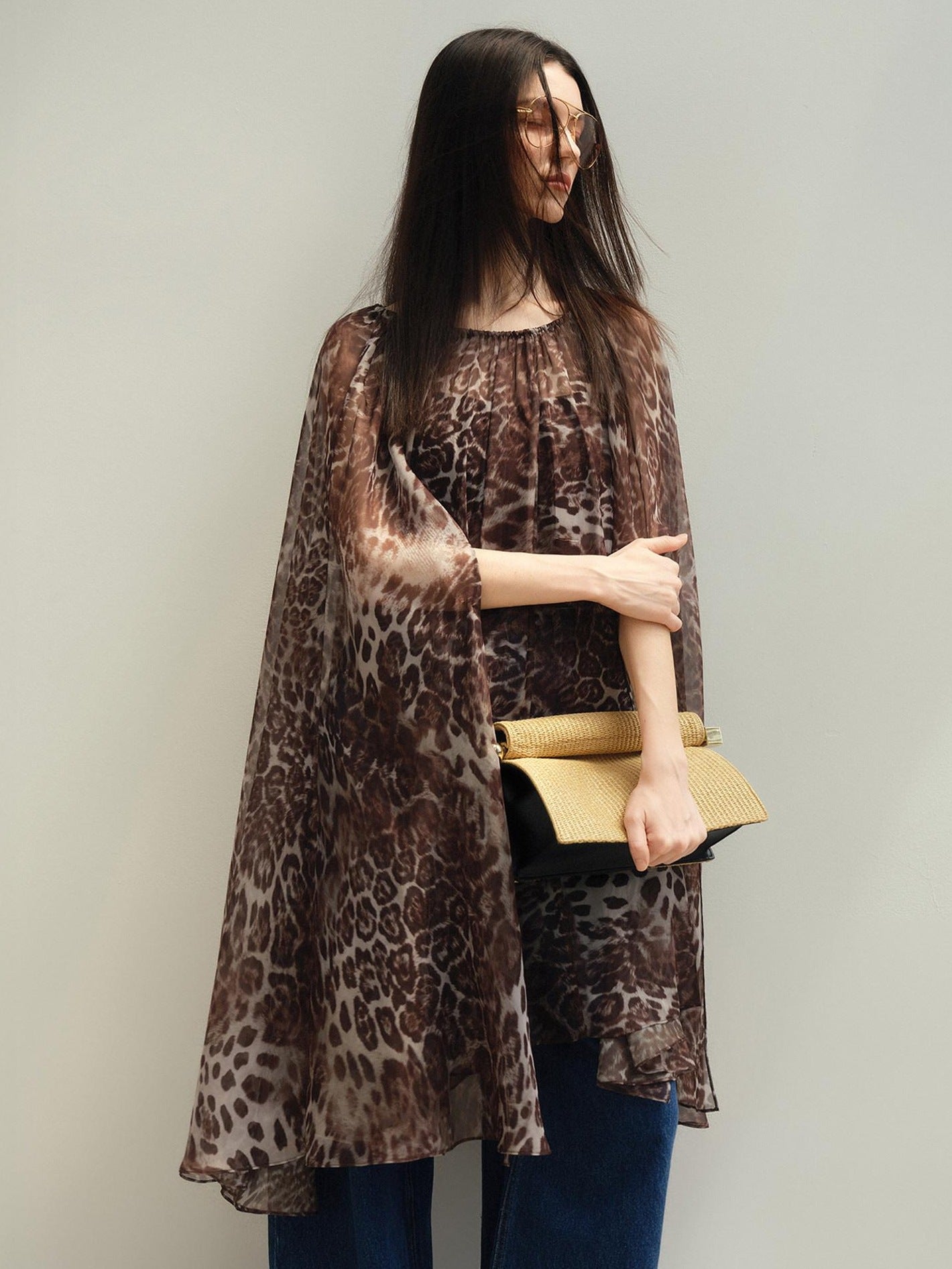 audreyyang Soft Leopard Mesh Off Shoulder A Line Loose Waist Casual Women Midi Dresses