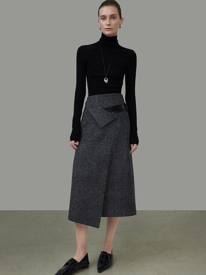 unspoken Wool Blend Lined Asymmetric Aline Mid Waist Minimal Workwear Women Midi Skirts