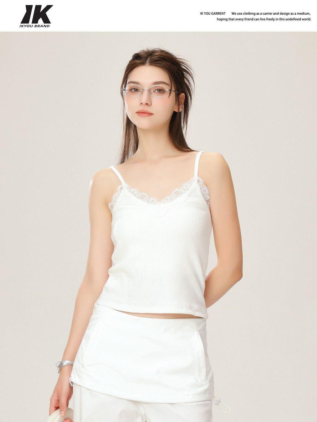 Lace V-neck Slim Fit Slight Stretch Daily Wear Women White Short Thin Camisoles