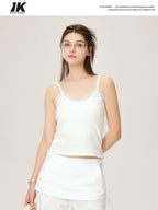 ikyou Lace V-neck Slim Fit Slight Stretch Daily Wear Women White Short Thin Camisoles