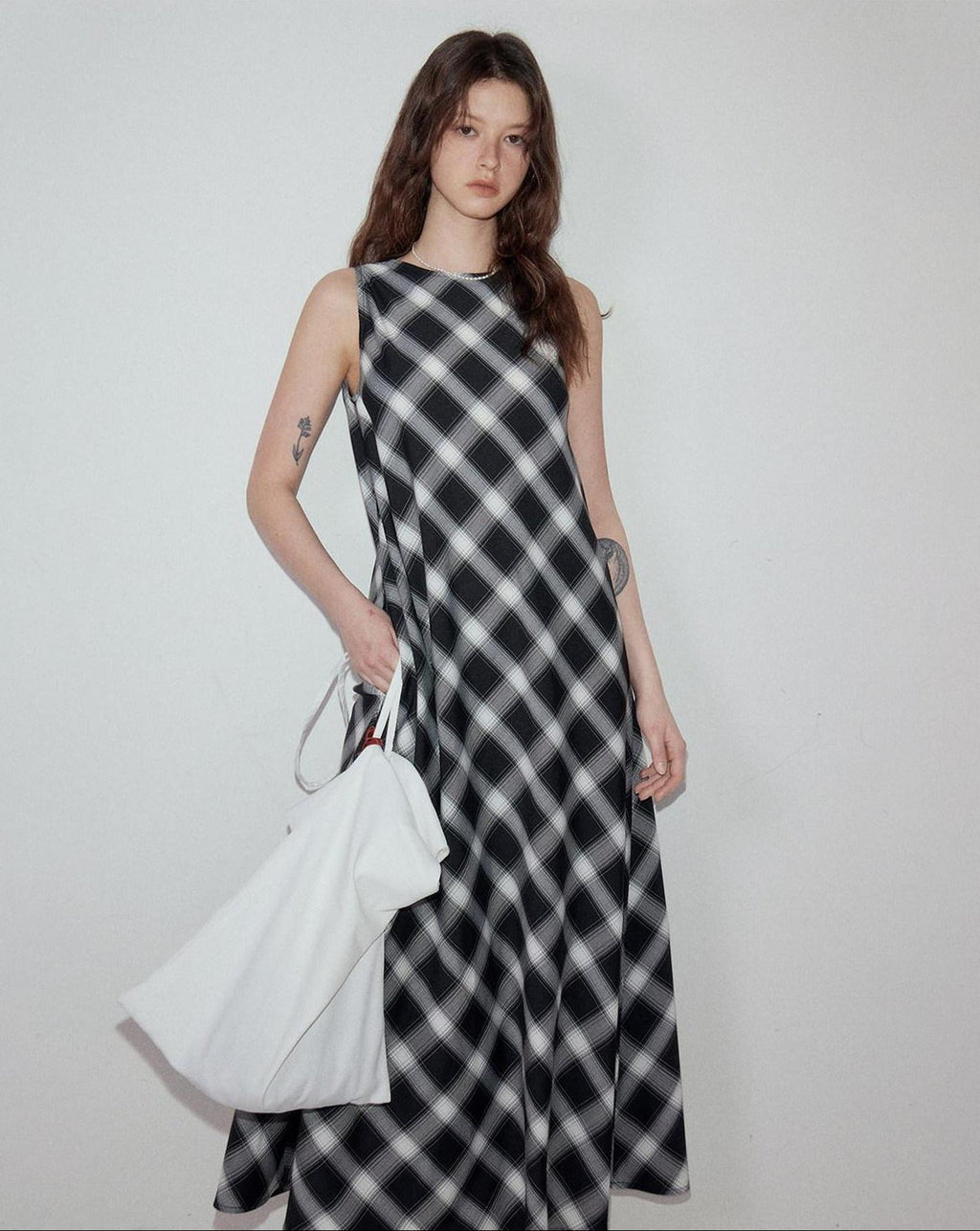 fano Plaid Korean Workwear A Line Asymmetric Sleeveless Round Neck Women Maxi Dresses