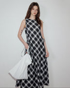fano Plaid Korean Workwear A Line Asymmetric Sleeveless Round Neck Women Maxi Dresses