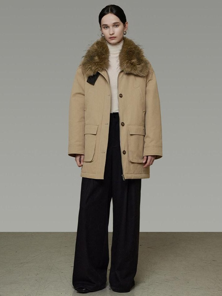 unspoken Thick Cotton Oversized Midlength Single Breasted Khaki Puffer Jackets