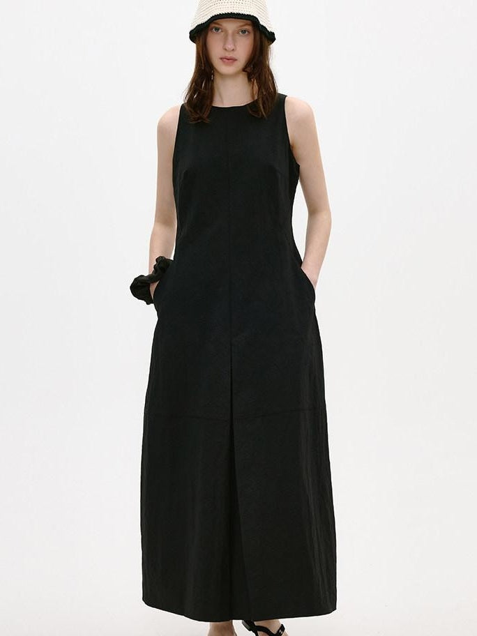 fano Breathable Cotton Blend Sleeveless A Line Korean Workwear Black Maxi Dresses