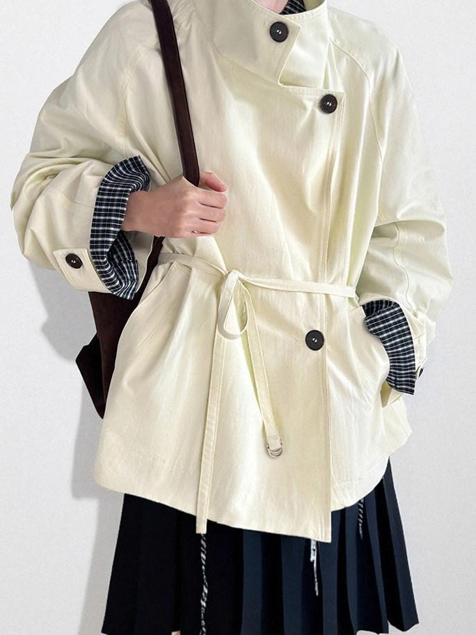 fano Cotton Stand Collar Loose Fit Korean Commuter Women Beige Mid Trench Coats
