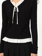 fano Stretch Viscose Slim Fit Embroidered V-neck Workwear Black Long Sleeve Cardigans