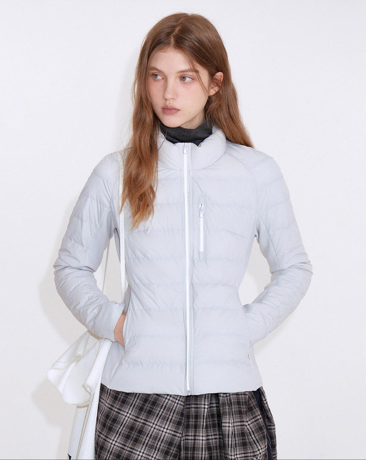 fano 90 Percent Goose Down Slim Stand Collar Zipper Women Light Gray Down Jackets