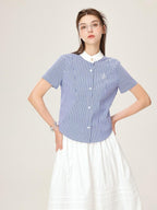 ikyou Embroidered Patchwork Straight Fit Stand Collar Short Sleeve Blue Button Blouses