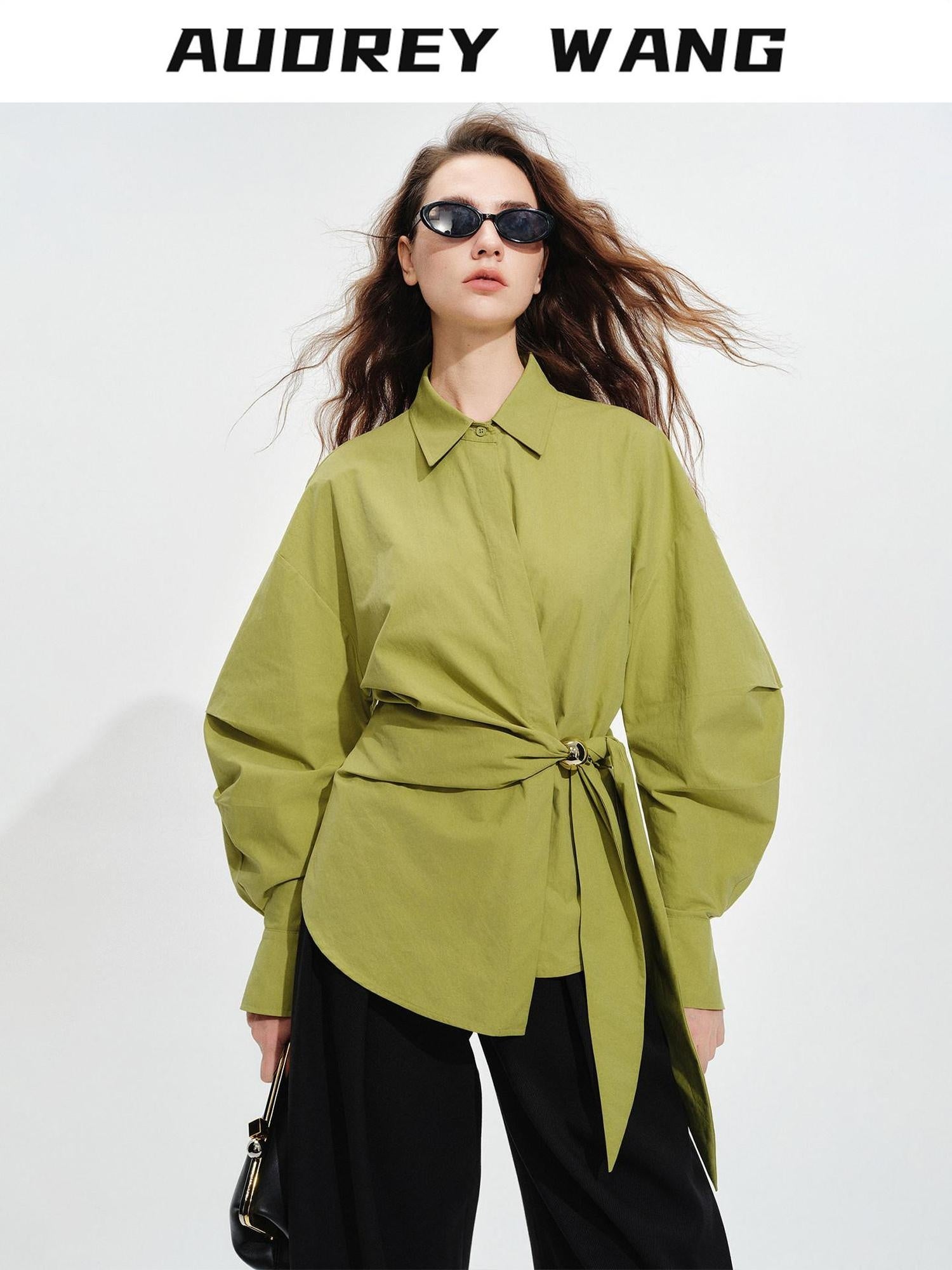 audreyyang Shape Retaining Casual Relaxed Tie Drop Shoulder Women Cotton Blend Shirts
