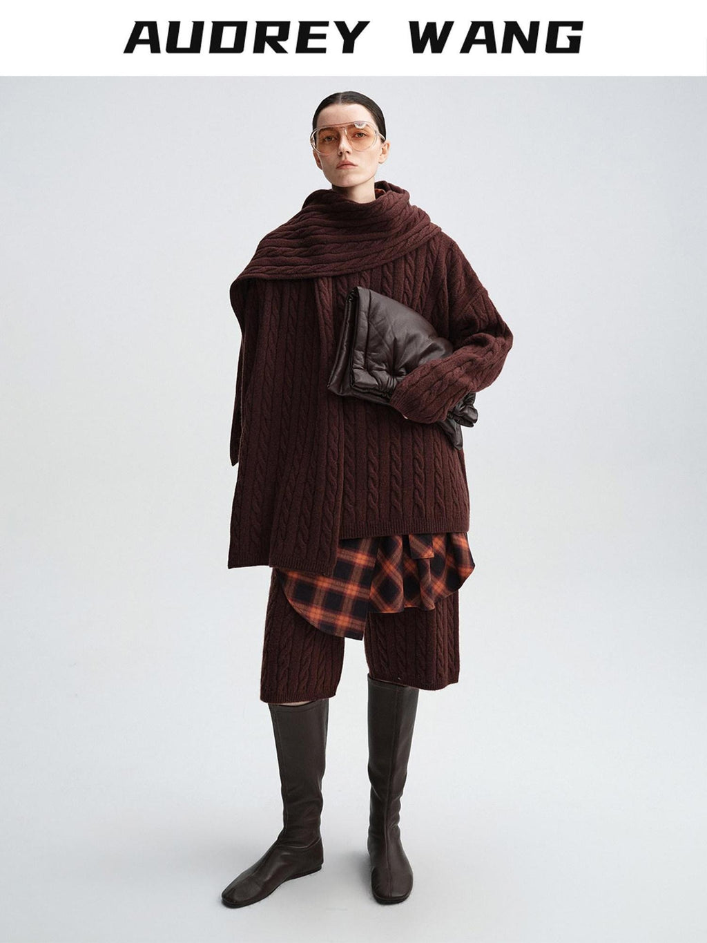 audreyyang 100 Percent Sheepswool Thick Vintage Loose Built In Scarf Women Knit Sweaters