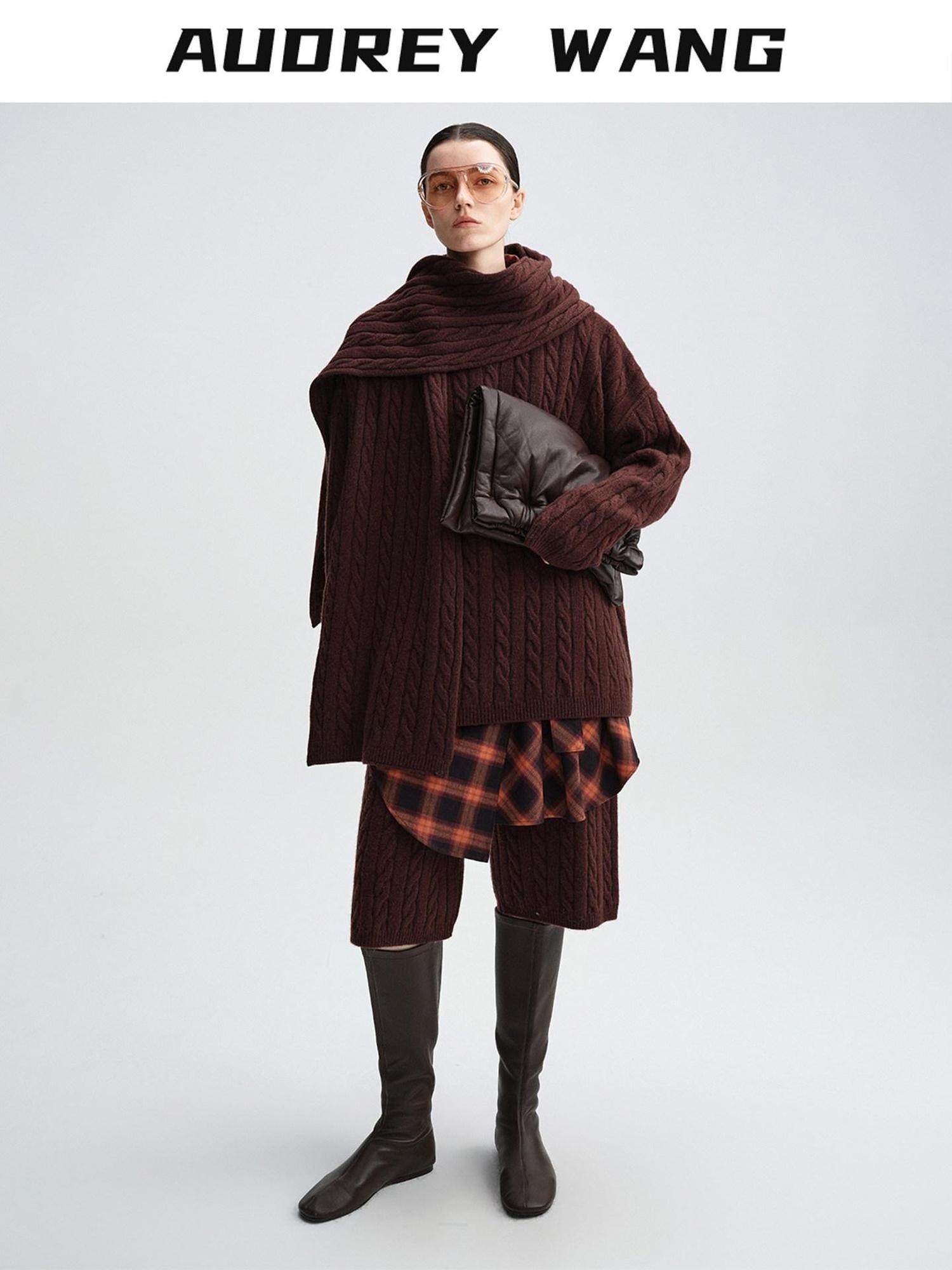 audreyyang 100 Percent Sheepswool Thick Vintage Loose Built In Scarf Women Knit Sweaters