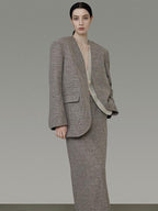 unspoken Minimalist Heather Gray Loose Fit Longsleeve Office Polyester Top & Skirt Sets