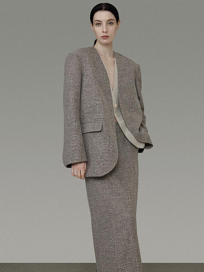 unspoken Minimalist Heather Gray Loose Fit Longsleeve Office Polyester Top & Skirt Sets