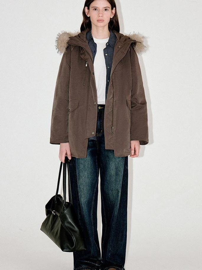 fano Warm 90% White Duck Down Korean Straight Mid Women Red Brown Collar Down Jackets