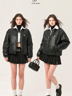 ikyou Thick Pu Minimal Commuter Straight Fit Stand Collar Black Leather Jackets