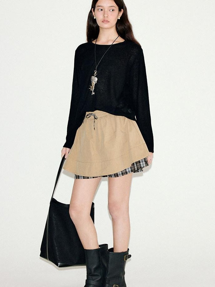 fano Khaki Drawstring A Line Mid Waist Casual Cotton Blend Women Mini Skirts