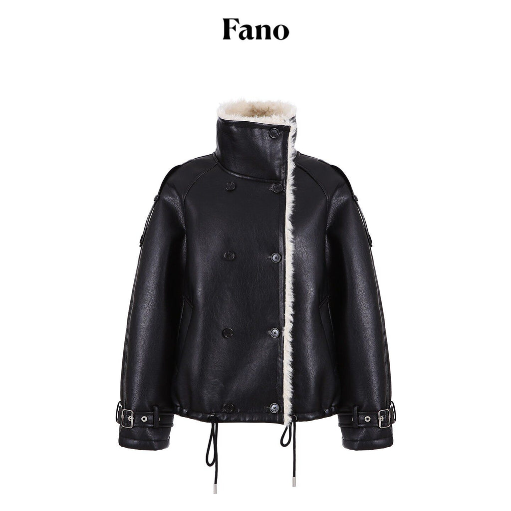 fano_Warm_Shearling_High_Collar_Double_Breasted_Loose_Fit_Women_Black_Leather_Jackets_MISSTT