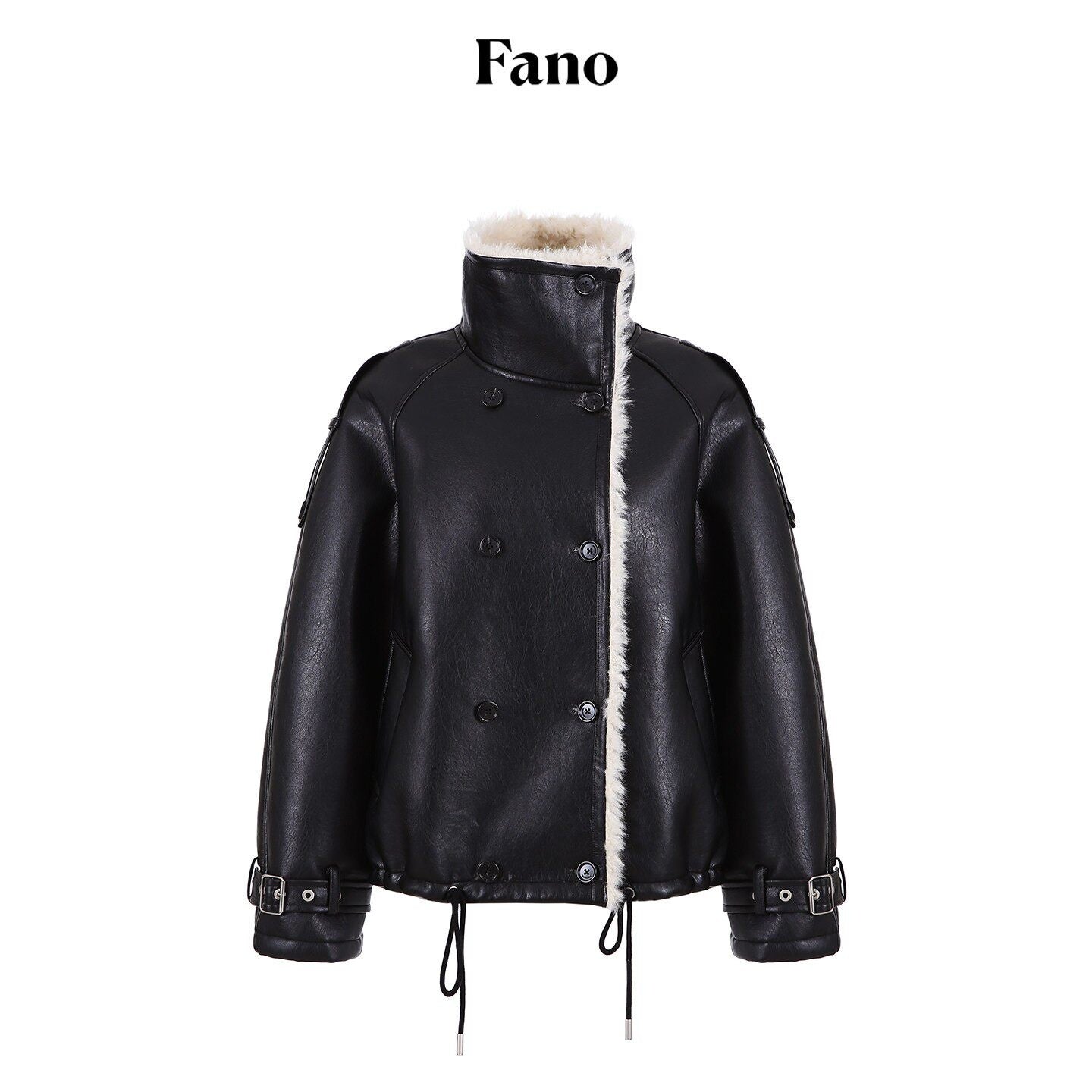 fano_Warm_Shearling_High_Collar_Double_Breasted_Loose_Fit_Women_Black_Leather_Jackets_MISSTT