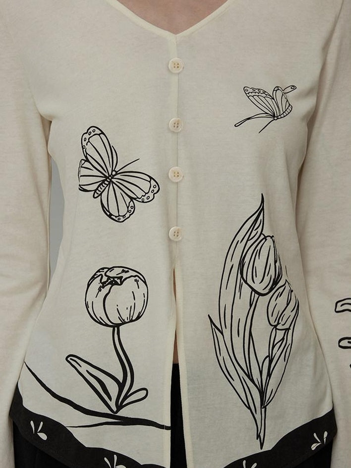 unspoken Soft Cotton Blend Relaxed Fit Floral Print V-neck Long Sleeve Women Blouses