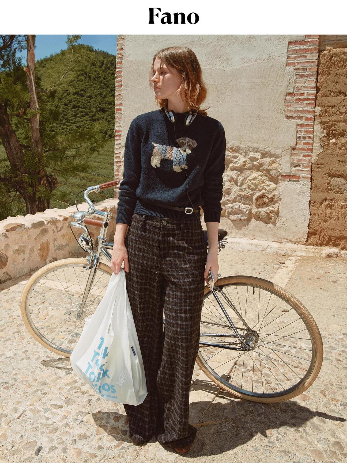 fano Wool Blend Plaid Relaxed Natural Waist Elastic Pocket Women Straight Pants