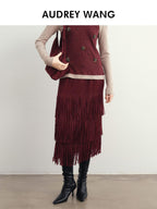 audreyyang Hand Pleated Crinkle Tassel Mid Waist Straight Lined Polyester Midi Skirts