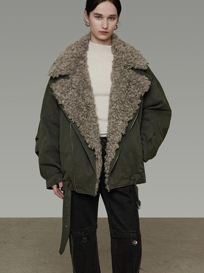 unspoken Thick Cotton Loose Fit Patchwork Commuter Zipper Dark Green Puffer Jackets