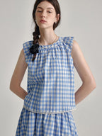 fano 100 Percent Cotton Round Neck Blue White Gingham Top & Skirt Sets