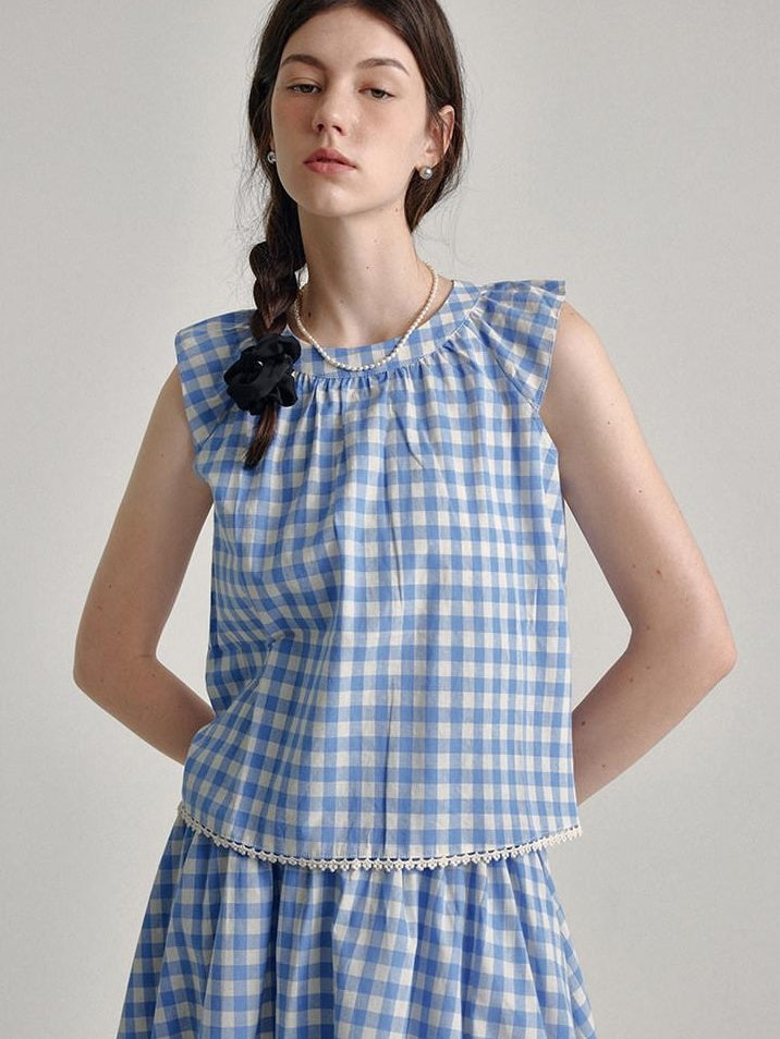 fano 100 Percent Cotton Round Neck Blue White Gingham Top & Skirt Sets