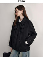 fano Elegant Double Breasted Bow Minimal Straight Fit Black Women Short Coat