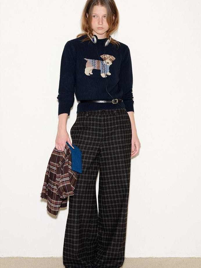 fano Wool Blend Plaid Relaxed Natural Waist Elastic Pocket Women Straight Pants