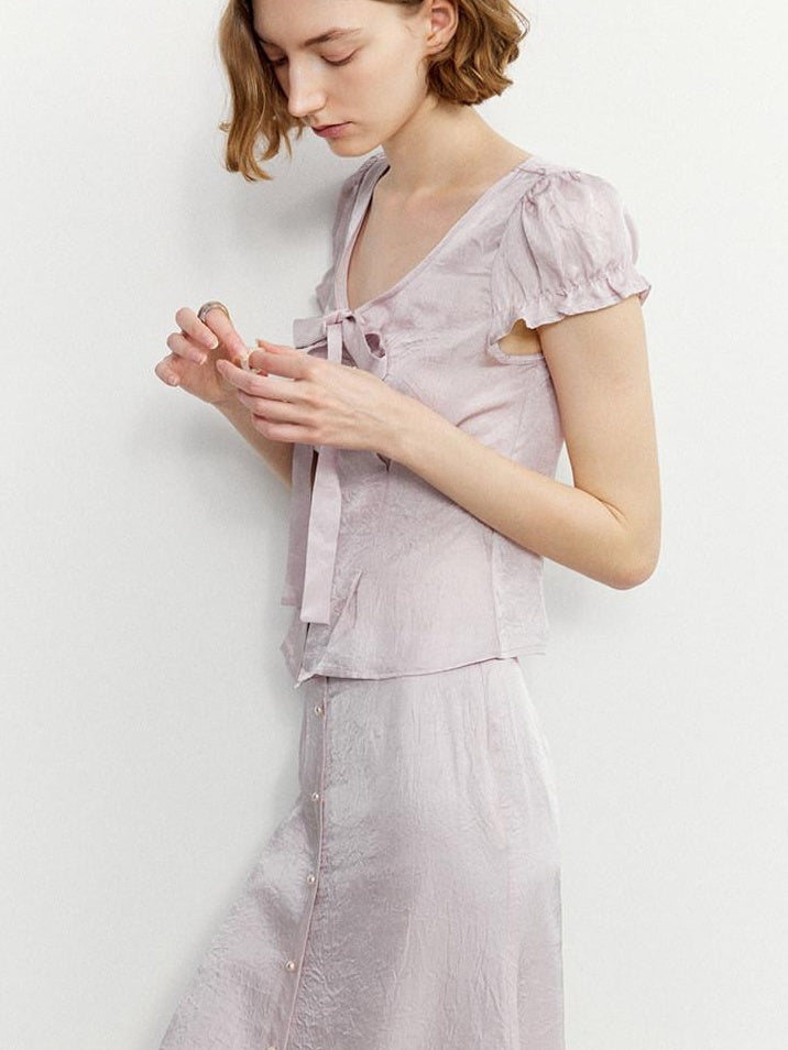 someone sometimes Tie Front V-neck Puff Sleeve Slim Casual Love Print Acetate Women Blouses