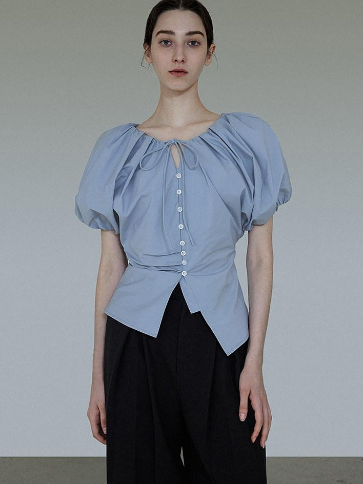 unspoken Breathable Cotton Tie Waist Puff Sleeve Commuter Women Round Neck Button Blouses