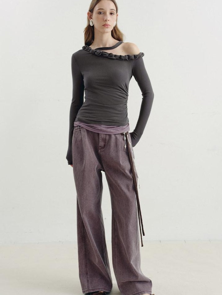 someonesometimes Lyocell Linen Blend Asymmetric Neckline Slim Fit Women Long Sleeve T-Shirts