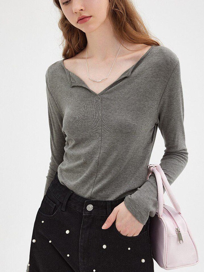 fano Soft V-neck Slim Fit Commuter Top For Women Solid Color Long Sleeve T-Shirts