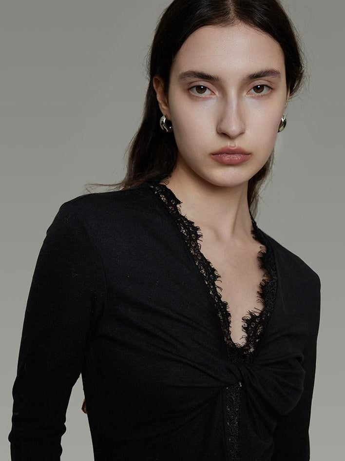 unspoken Breathable Lyocell Lace Slim Fit V-neck Long Sleeve Women Black Blouses